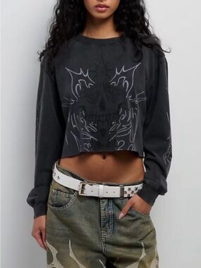 Vitriol Edgy Overlord Black Wash Long Sleeve Crop T-Shirt Size XL New